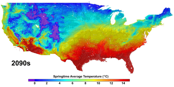 Climate change projections for the United States, such as the data shown in this image of average springtime temperature change from the 1950s to the 2090s, will be available on the cloud through an agreement with Amazon Web Services. This data was produced by the NASA Earth Exchange (NEX), a research platform of the NASA Advanced Supercomputer Facility at the agency's Ames Research Center in Moffett Field, Calif.