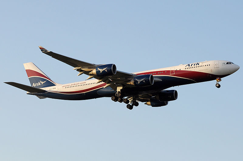 Arik Air A340-500 landing at London Heathrow. Source: http://www.jetphotos.net/viewphoto.php?id=7068723 Author: Biggerben