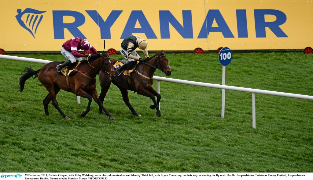 29 December 2015; Nichols Canyon, with Ruby Walsh up, races clear of Identity Thief, left, with Bryan Cooper up, on their way to winning the Ryanair Hurdle. Leopardstown Christmas Racing Festival, Leopardstown Racecourse, Dublin. Picture credit: Brendan Moran / SPORTSFILE