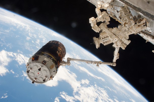 The Japanese H-II Transport Vehicle-6 (HTV-6) cargo vehicle is seen grappled by the International Space Station's robotic arm after arrival on Dec. 13, 2016. Six weeks after delivering more than 4.5 tons of supplies and experiments to the space station, the unpiloted Japanese cargo spacecraft is scheduled to depart the station Friday, Jan. 27. Credits: NASA