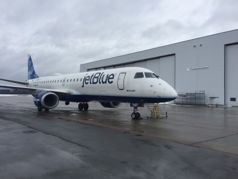 JetBlue Embraer 190 arrives at Premier Aviation's Rome, NY facility. (Photo: Business Wire) 