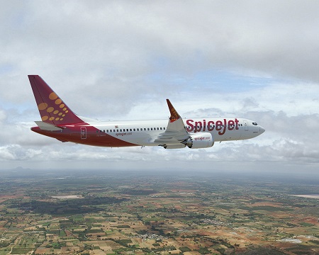 737Max-8; Rendering for Spice Jet; India; Spicejet.com; K66612; View from Right side of plane; Over fields; air to air;