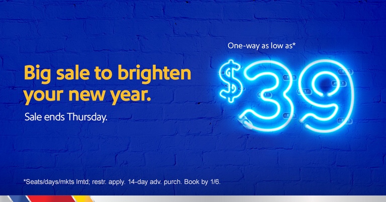 New Year, New Sale: Southwest Airlines Announces $39 Sale For Spring&nbsp;Travel
